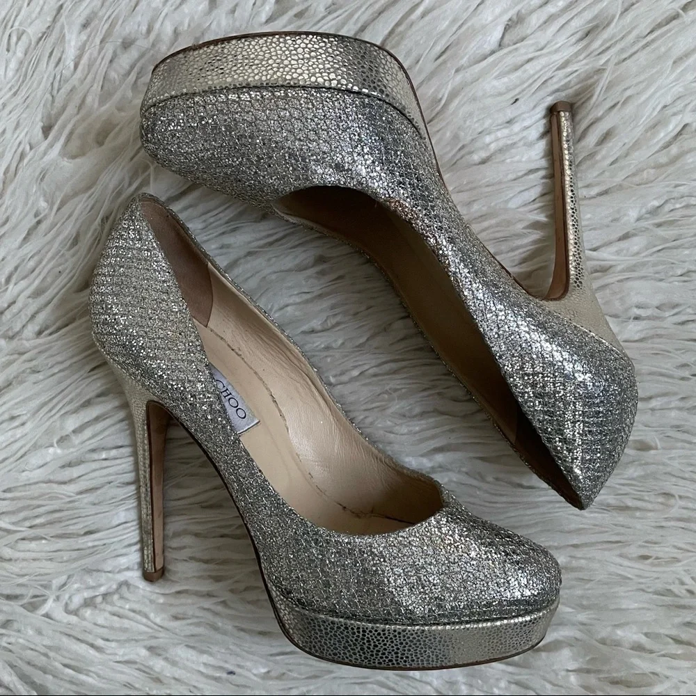 Jimmy Choo Silver Metallic Champagne Lamè Fabric Leather Alex Platform Pumps EUC